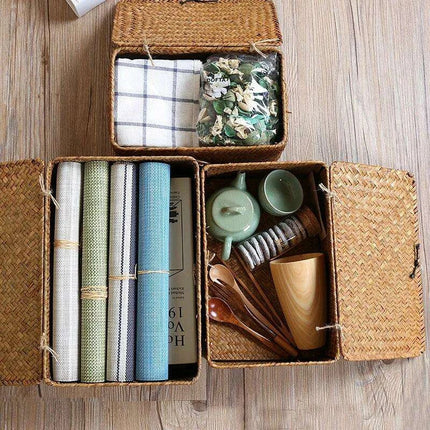 Woven Seagrass Storage Basket with Lid - Elegant and Functional Home Organizer