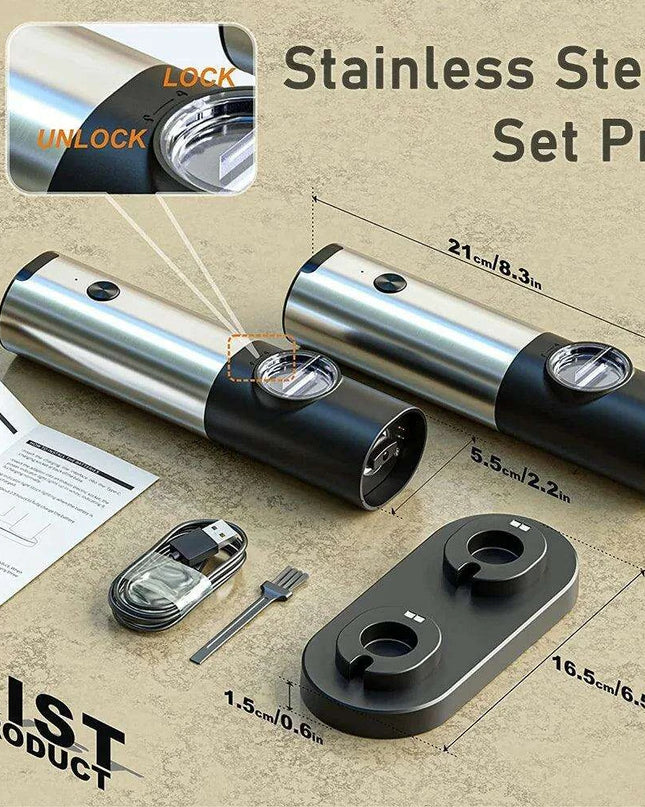 Rechargeable Electric Salt and Pepper Grinder Set with One-Handed Operation and Adjustable Grind Settings