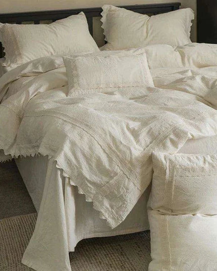 French Vintage Elegant Cotton Linen Lace Duvet Cover and Sheet Set - 4 Piece Collection