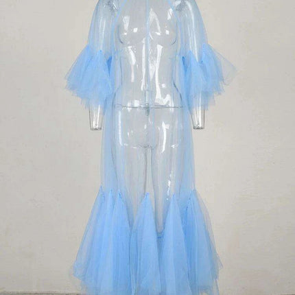 Plus Size Women's Blue Mesh Long Dress with Round Neck & 3/4 Sleeves - 2024 Spring Autumn Fashion JR77105