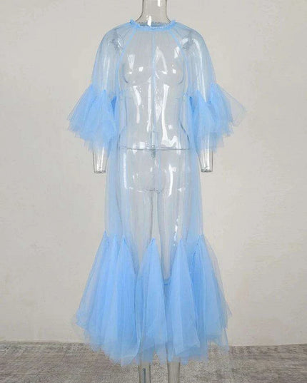 Plus Size Women's Blue Mesh Long Dress with Round Neck & 3/4 Sleeves - 2024 Spring Autumn Fashion JR77105