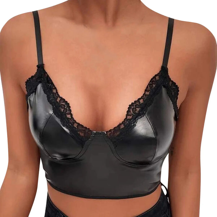 Lace and Leather V-Neck Bullet Bra Set - Sensual Unlined Intimates