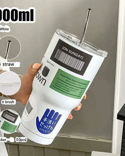 900ML Double-Wall Insulated Steel Travel Mug with Straw and Lid - Perfect for Adventurers and Daily Hydration