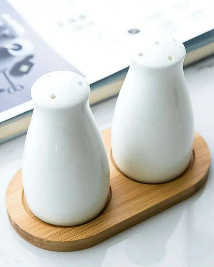 Ceramic Salt and Pepper Shaker Set with Bamboo Tray in Farmhouse Style