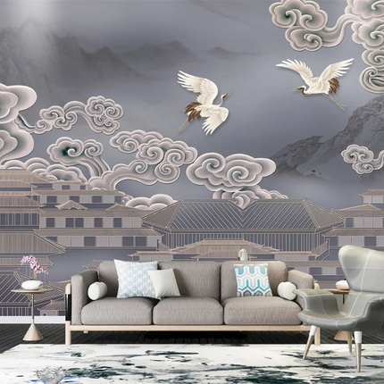 Plum Blossom & Crane Mural Wallpaper — Custom Size, 5 Finishes, Asian Art Style