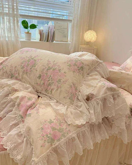 Elegant Floral Lace Ruffled Cotton Bedding Collection with Duvet Cover, Bed Skirt, Fitted Sheet, and Pillowcases