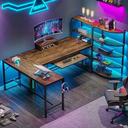 L-Shaped Gaming Desk with RGB Lighting and Versatile Storage Solutions