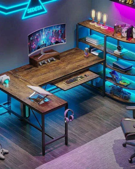 L-Shaped Gaming Desk with RGB Lighting and Versatile Storage Solutions