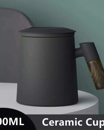 Chic Ceramic Tea Mug with Wooden Handle and Infuser Lid - Essential Drinkware for Every Occasion