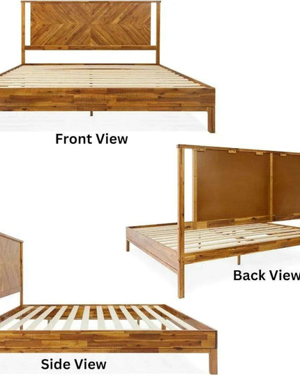 Rustic Golden Brown Acacia Wood Queen Bed Frame with Herringbone Headboard