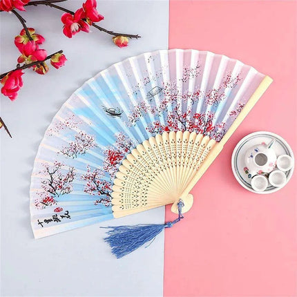 Charming Retro Silk Folding Fan - Exquisite Bamboo Craft for Dance and Home Elegance