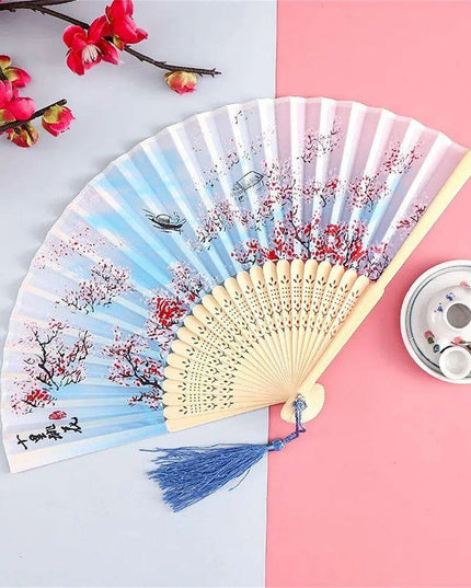 Charming Retro Silk Folding Fan - Exquisite Bamboo Craft for Dance and Home Elegance