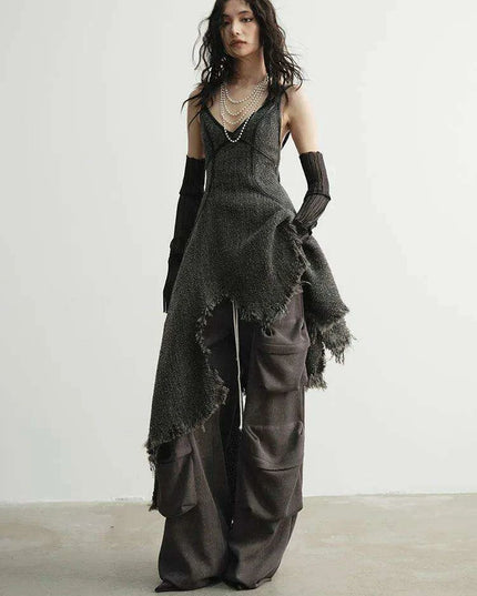 Chic Vintage Sleeveless V-Neck Dress with Unique Tassels and Burr Hem - Women's Wool Blend Autumn/Winter Fashion