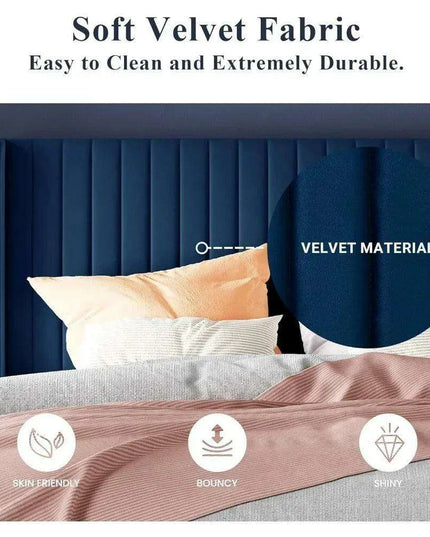 Elegant Blue Velvet Wingback Bed Frame with Smart Under-Bed Storage - Chic & Comfortable Design