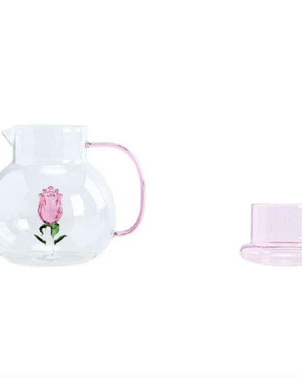 Elegant Rose Floral Glass Cold Brew Teapot - Stylish and Heat-Resistant Design with Ergonomic Handle for Entertaining