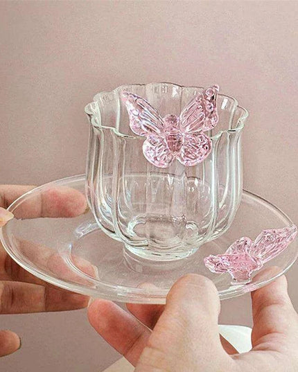 Charming Floral Butterfly Glass Teacup Set - Perfect for Elegant Tea Events