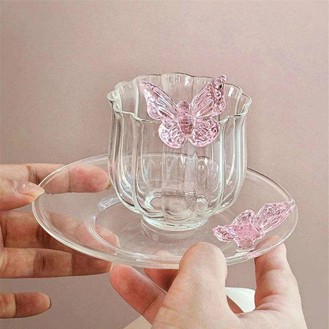 Charming Floral Butterfly Glass Teacup Set - Perfect for Elegant Tea Events