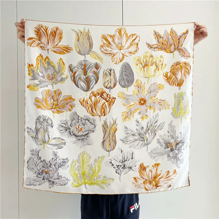 Luxury Floral Silk Scarf – 90x90cm Hand-Rolled Twill