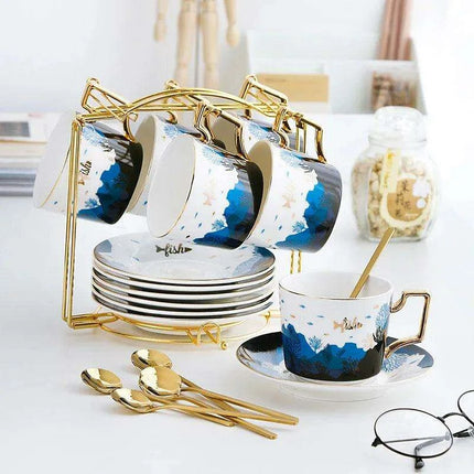 Luxurious Gold-Accented European Ceramic Coffee and Tea Set - Elegant 4-Piece Gift Collection