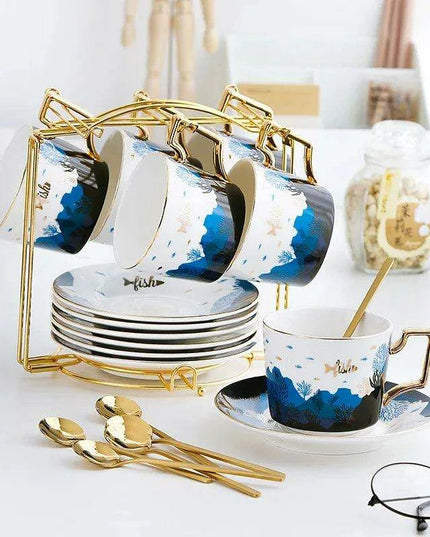 Luxurious Gold-Accented European Ceramic Coffee and Tea Set - Elegant 4-Piece Gift Collection