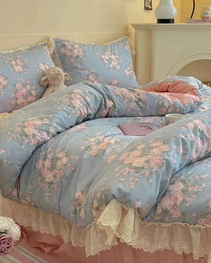 Korean Princess Floral Lace Ruffle Cotton Bedding Collection - Luxurious Single/Queen Duvet Cover, Sheet, and Pillowcase Set (3/4 Pieces)