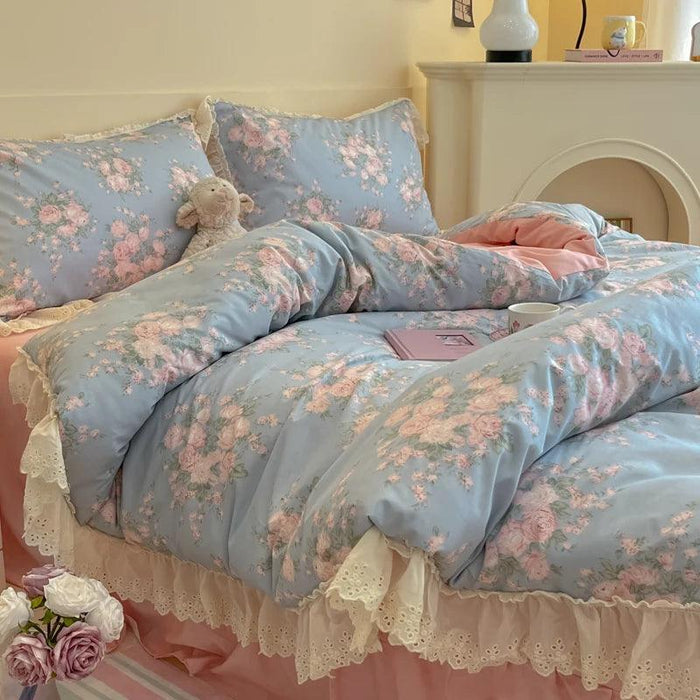 Korean Princess Floral Lace Ruffle Cotton Bedding Collection - Luxurious Single/Queen Duvet Cover, Sheet, and Pillowcase Set (3/4 Pieces)