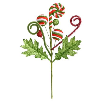 Candy-Themed Christmas Pick with Glitter Leaves & Spiral Accents, 1 Piece