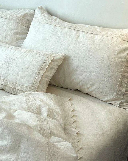 French Vintage Elegant Cotton Linen Lace Duvet Cover and Sheet Set - 4 Piece Collection