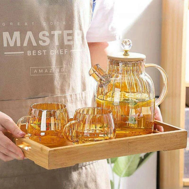 Elegant Amber Striped Glass Teapot - Perfect for Tea, Juices, and Social Gatherings