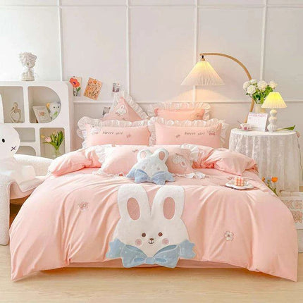 Charming Rabbit Applique Washed Cotton Bedding Set for Girls