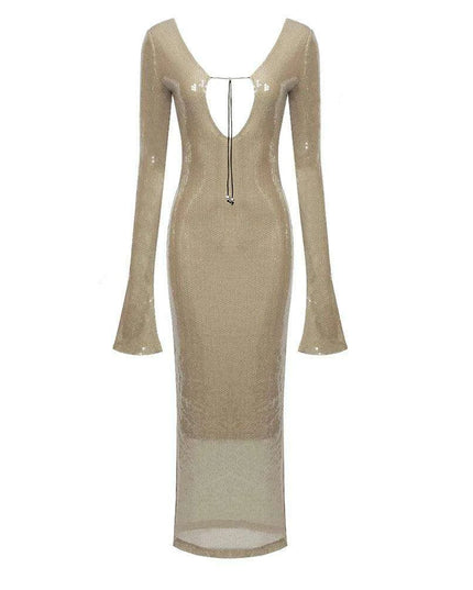 Sparkling Mint Green Long Sleeve Maxi Dress - Elegant Evening Gown for Women