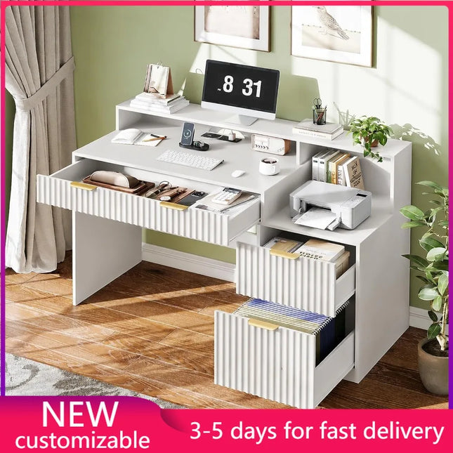 Fluted Computer Desk with Drawers, Power Outlets & Printer Stand | 50in | Natural Oak