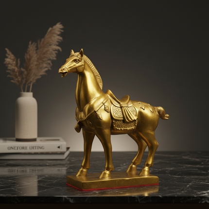 A golden horse figurine with an ornate saddle, displayed on a dark marble surface next to a white vase with dried grass and a book.