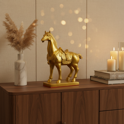 A golden horse figurine with a decorative saddle stands on a wooden cabinet in a styled interior setting. A white vase with dried pampas grass is on the left, and stacked books with lit candles sit on the right against a beige paneled wall with warm bokeh light effects.