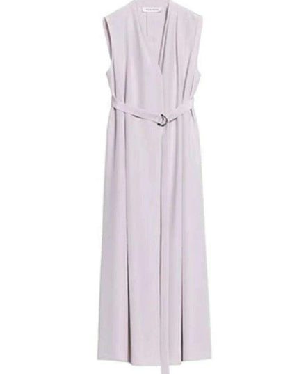 Chic Sleeveless Silk V-Neck Dress with Pleated Waistband Design