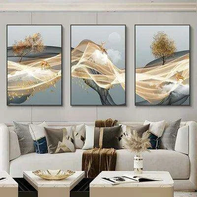 Nordic Elegance: Golden Deer Abstract Landscape 3-Piece Canvas Art Set with Customizable Borders for Luxury Home Decor