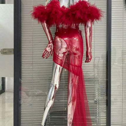 Enchanting Crimson Mesh Sheath Dress with Flowing Ruffles for Unforgettable Nights