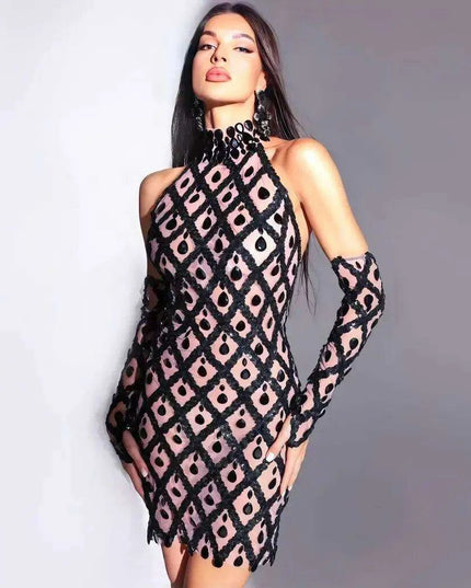 Glamorous Black Rhinestone-Embellished Halter Bodycon Mini Dress for Elegant Night Out