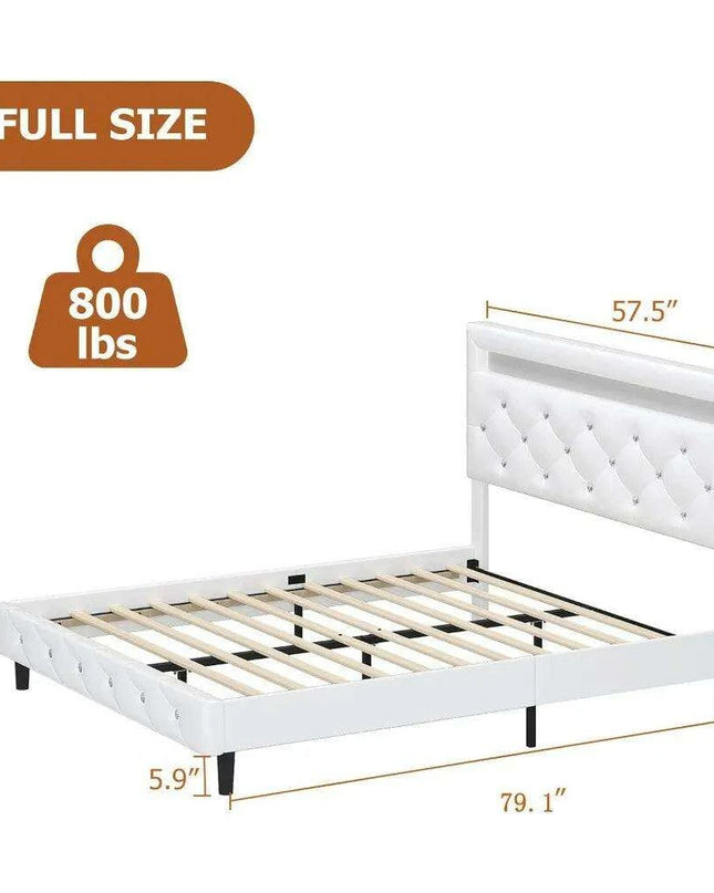 LED-Enhanced White Smart Bed Frame with Adjustable Crystal Tufted Headboard