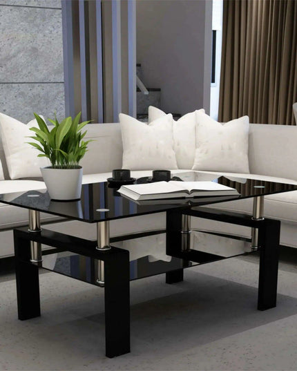 Modern Elegance Black Glass Coffee Table with Metal Framework and Additional Storage