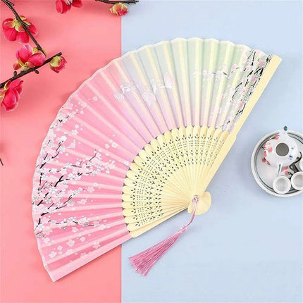Charming Retro Silk Folding Fan - Exquisite Bamboo Craft for Dance and Home Elegance