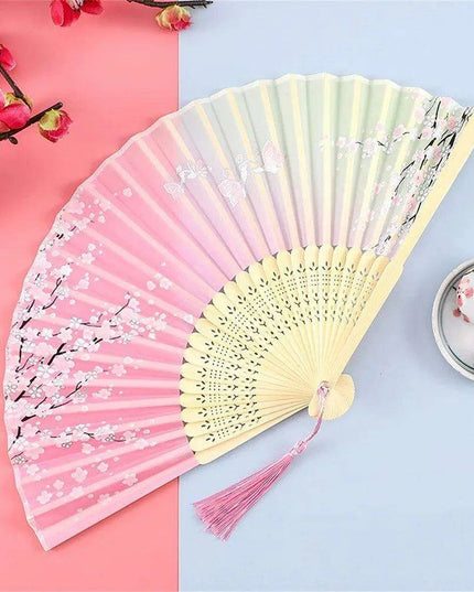 Charming Retro Silk Folding Fan - Exquisite Bamboo Craft for Dance and Home Elegance