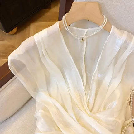 Brave Mother Women's Summer V-Neck Chiffon Blouse with Irregular Hem