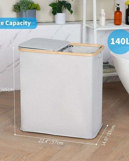 Elegant Bamboo Dual Laundry Sorter with Lid and Removable Bags
