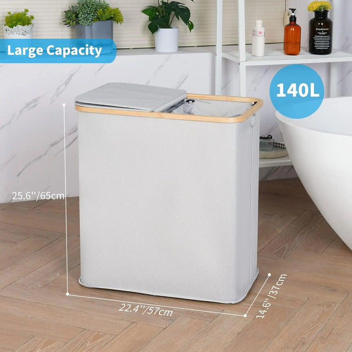 Elegant Bamboo Dual Laundry Sorter with Lid and Removable Bags