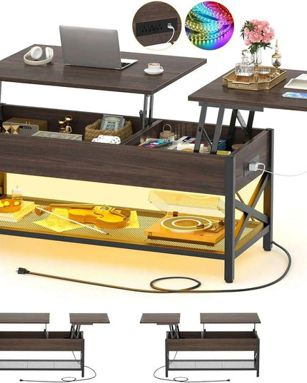 Modern Lift-Top Coffee Table with LED Lighting, USB Ports, and Smart Storage Solutions
