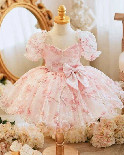 Charming Bow-Print Puff Sleeve Evening Dress for Girls