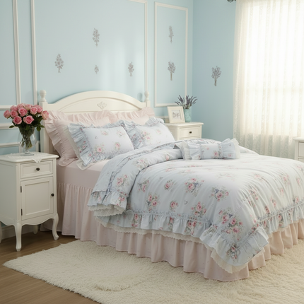 JullietteDream Romantic Lace Floral Duvet Cover Set with Ruffle Bed Sk