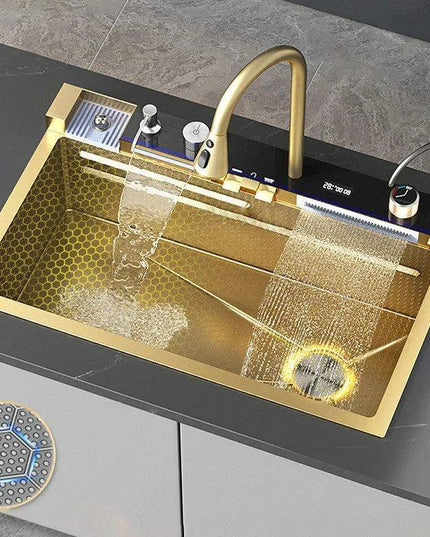 Sophisticated Golden Stainless Steel Kitchen Sink with Generous Embossed Basin - Contemporary Design & High Efficiency