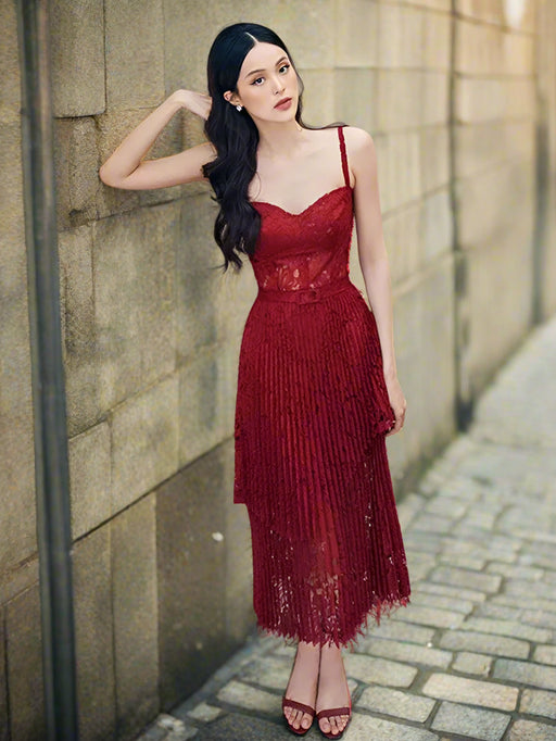 Summer Elegance Asymmetric Lace Party Dress with Belt